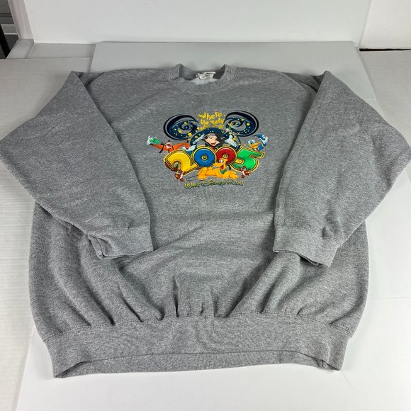 2005 Disney World Party Never Ends Sweatshirt Extra Extra Large Grey Crewneck - Picture 1 of 14